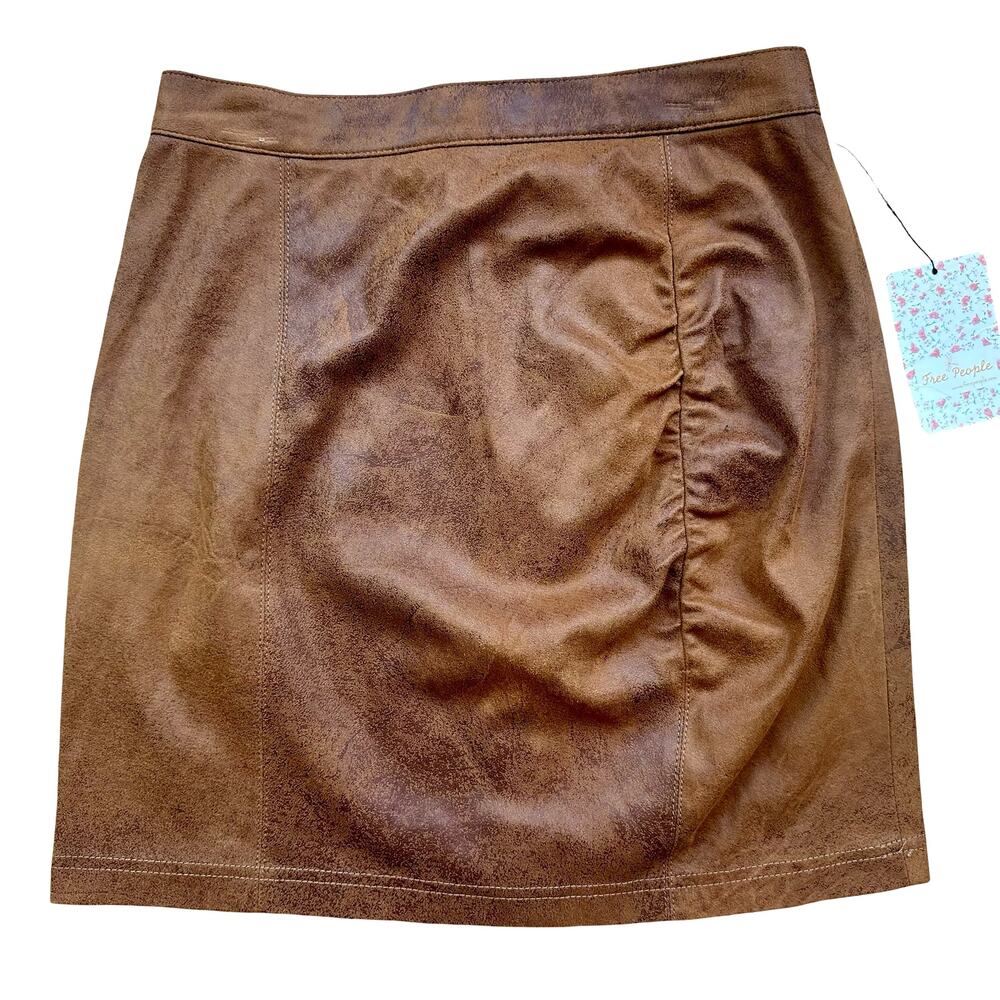 Free People Rumi Ruched Faux Suede Mini Skirt XS Camel Brown NWT